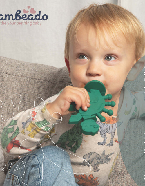 Load image into Gallery viewer, Dibly - Green - Baltic Amber &amp; Natural Rubber Dinosaur Teether with Toothbrush Tail
