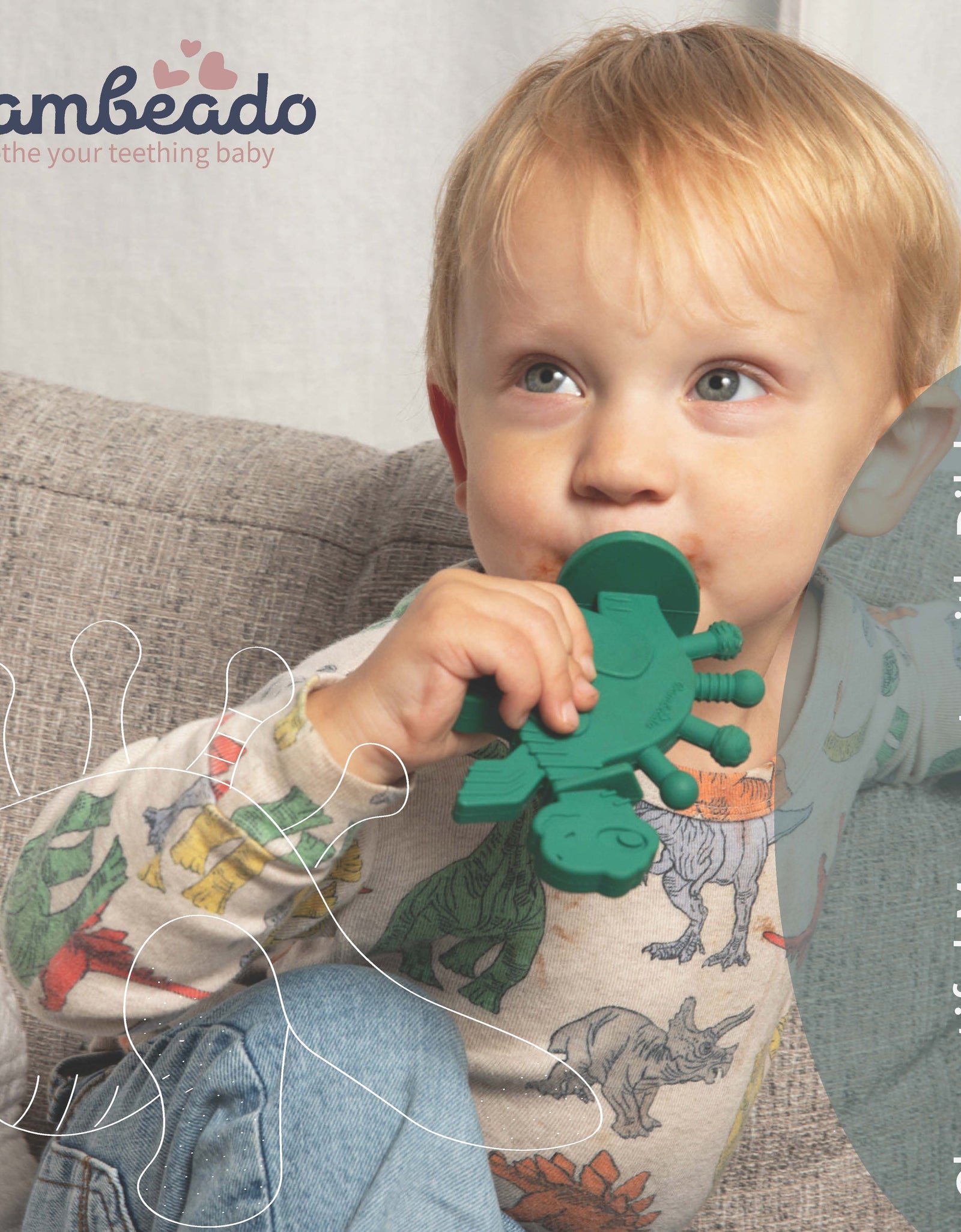 Dibly - Green - Baltic Amber & Natural Rubber Dinosaur Teether with Toothbrush Tail