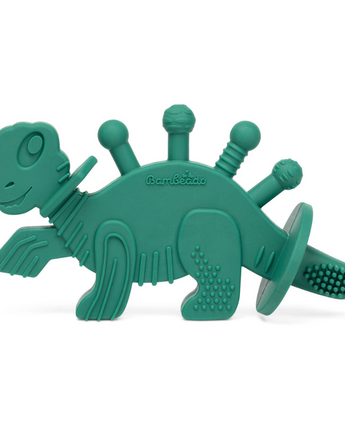 Load image into Gallery viewer, Dibly - Green - Baltic Amber &amp; Natural Rubber Dinosaur Teether with Toothbrush Tail
