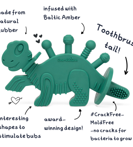 Dibly - Green - Baltic Amber & Natural Rubber Dinosaur Teether with Toothbrush Tail