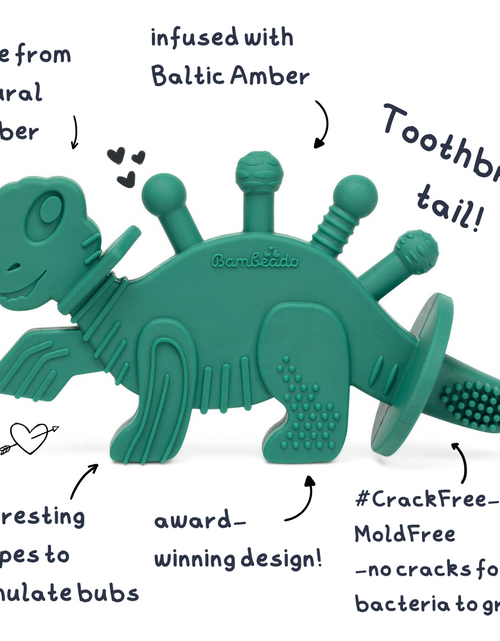 Load image into Gallery viewer, Dibly - Green - Baltic Amber &amp; Natural Rubber Dinosaur Teether with Toothbrush Tail
