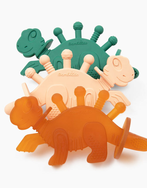 Load image into Gallery viewer, Dibly - Green - Baltic Amber &amp; Natural Rubber Dinosaur Teether with Toothbrush Tail
