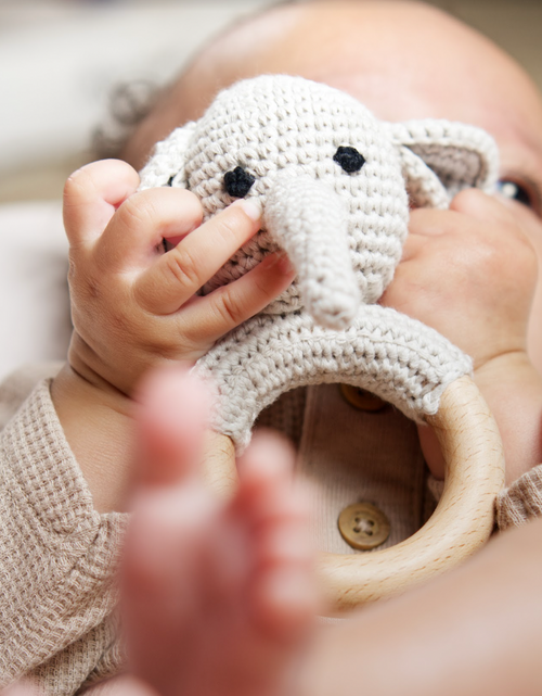 Load image into Gallery viewer, Handmade Organic Cotton Rattle Ring Teether · Elephant Design · Grey body with Black Features
