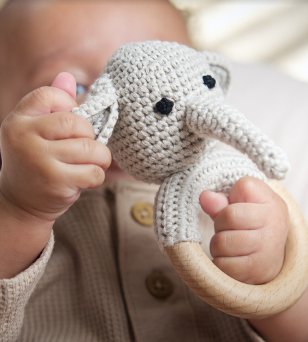 Handmade Organic Cotton Rattle Ring Teether · Elephant Design · Grey body with Black Features