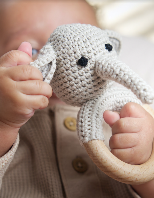 Load image into Gallery viewer, Handmade Organic Cotton Rattle Ring Teether · Elephant Design · Grey body with Black Features
