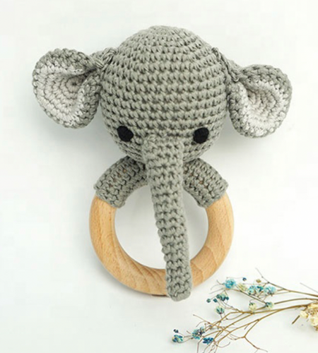 Handmade Organic Cotton Rattle Ring Teether · Elephant Design · Grey body with Black Features