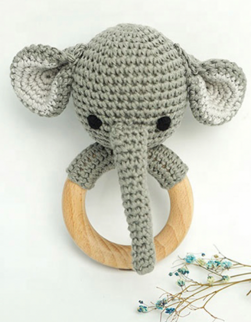 Load image into Gallery viewer, Handmade Organic Cotton Rattle Ring Teether · Elephant Design · Grey body with Black Features
